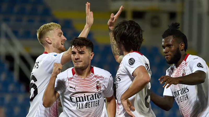 Gelandang menyerang AC Milan, Brahim Diaz, saat merayakan gol dalam sebuah pertandingan di Serie A Liga Italia. (TWITTER AC MILAN)